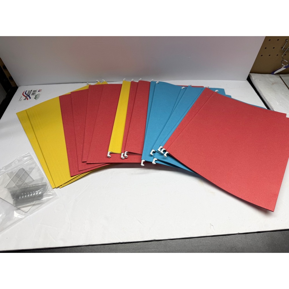 Lot of 19 Hanging File Folders Letter Size Red Yellow Blue with Tabs and Inserts